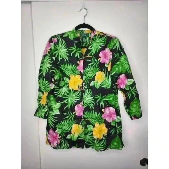 RALPH LAUREN Tunic Blouse Size Petite/M Tropical Floral‎ Linen Asian Knot Button - Picture 1 of 3